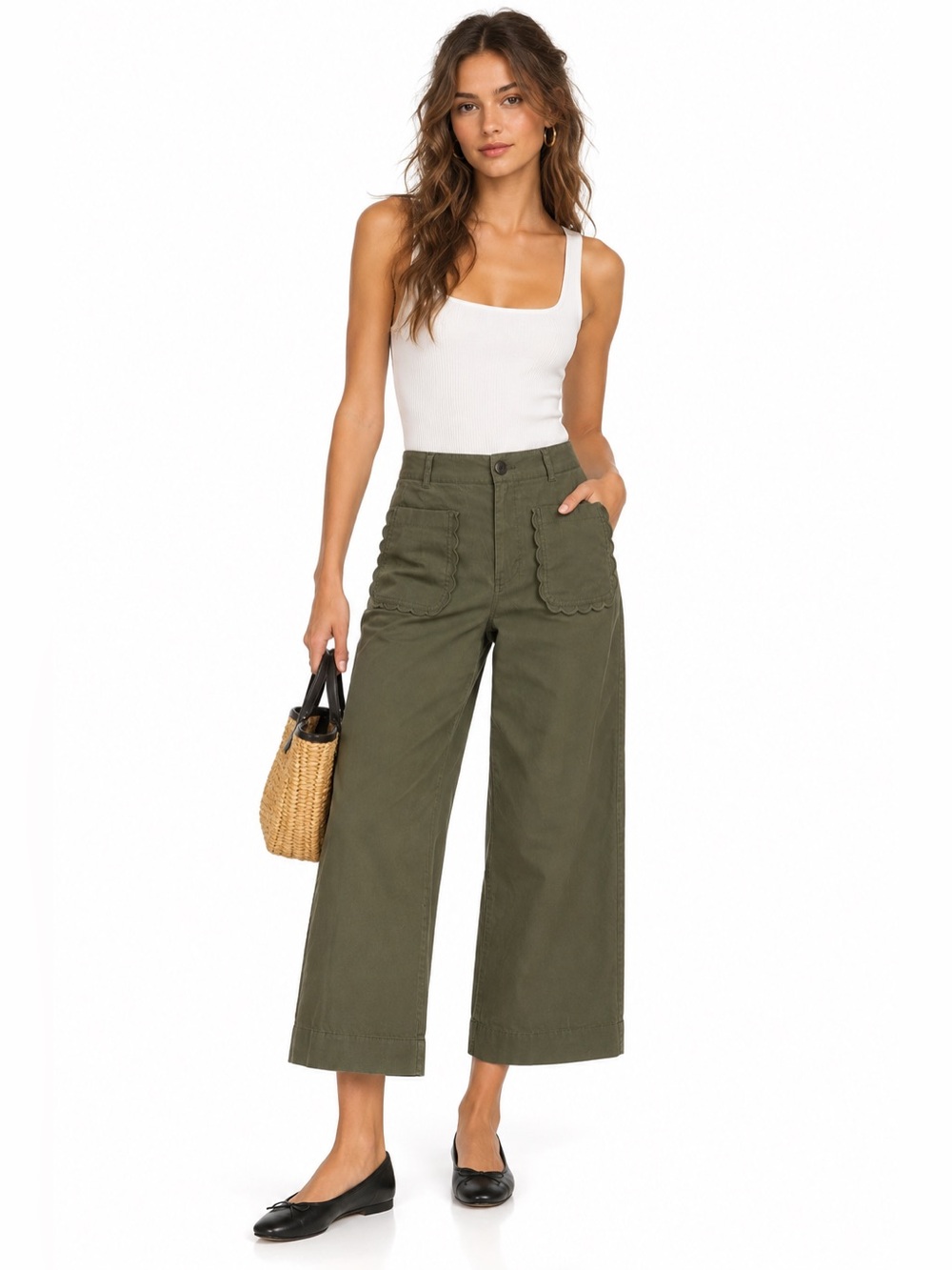 Maeve Olive Green Scalloped Pocket Chinos